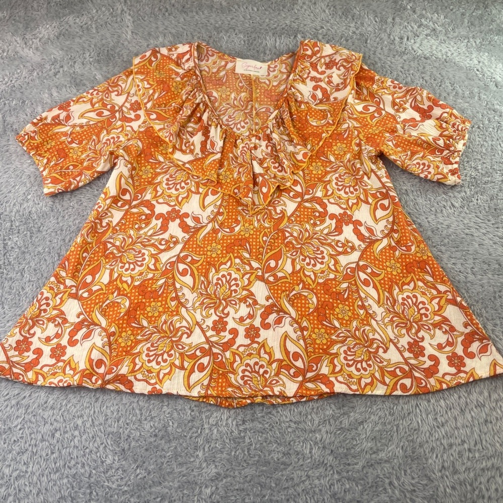 Sugarfox Blouse Womens Small Orange Floral Paisley Ruffle Neck Peasant Boho Chic